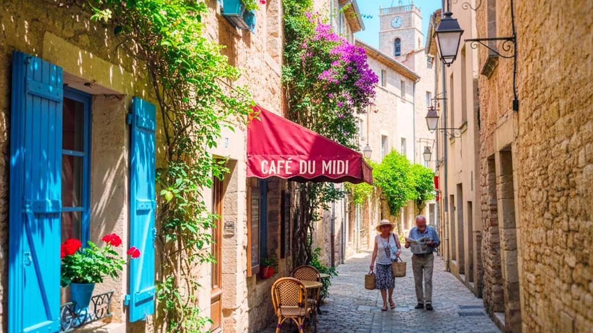 Coppia passeggia in un vicolo storico di Arles, immagine dalla guida di viaggio Vicode dedicata all'ispirazione e al design in Provenza.