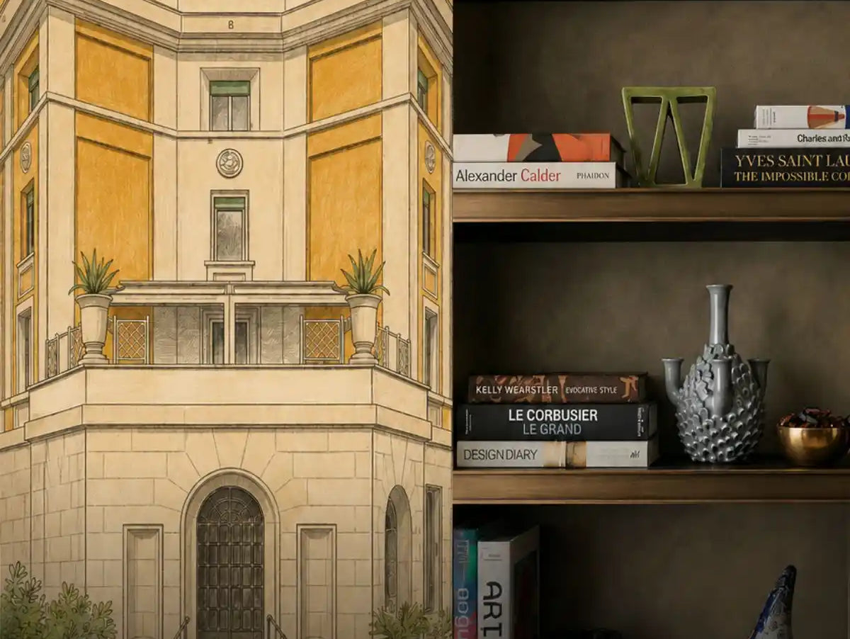 disegno di palazzo lancia e libreria con vasi moderni