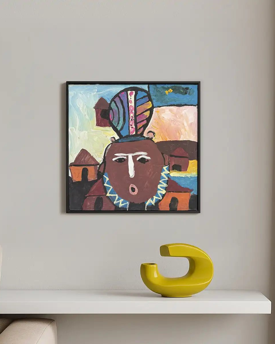Quadro African Queen di Shine Tani, ritratto di una regina africana con colori primitivi.