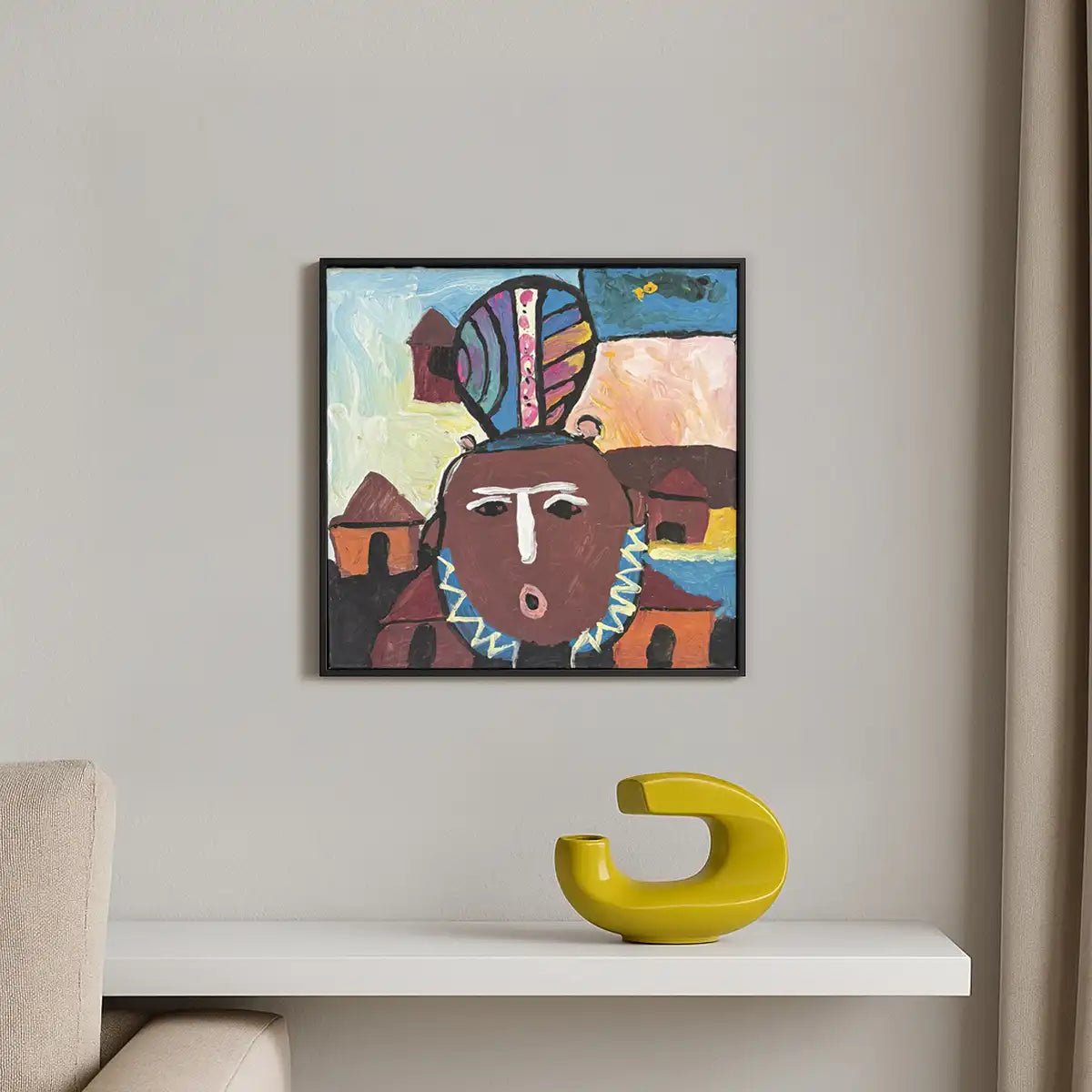 Quadro African Queen di Shine Tani, ritratto di una regina africana con colori primitivi.