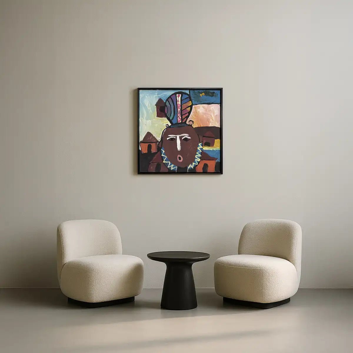 Primo piano del volto ieratico e solenne della regina nel quadro African Queen.