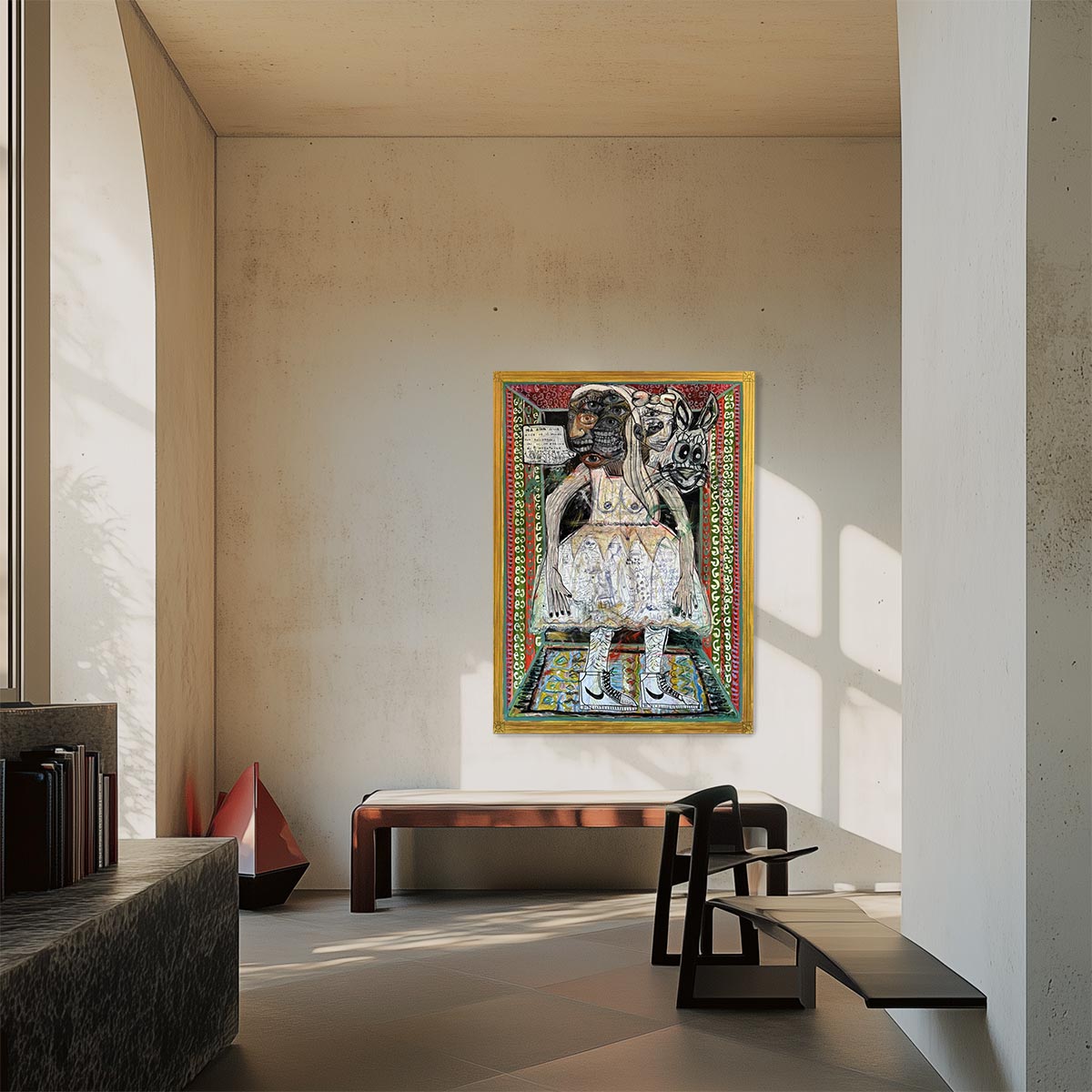 Primo piano della figura di Alice, frammentata e multiforme, nel quadro di Precisi.