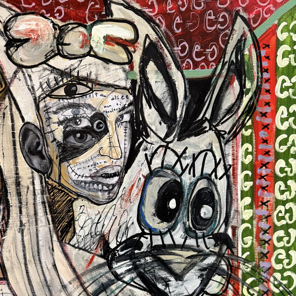 Dettaglio del fumetto ironico "ma bla bla dice..." nel quadro Alice nel paese delle meraviglie.