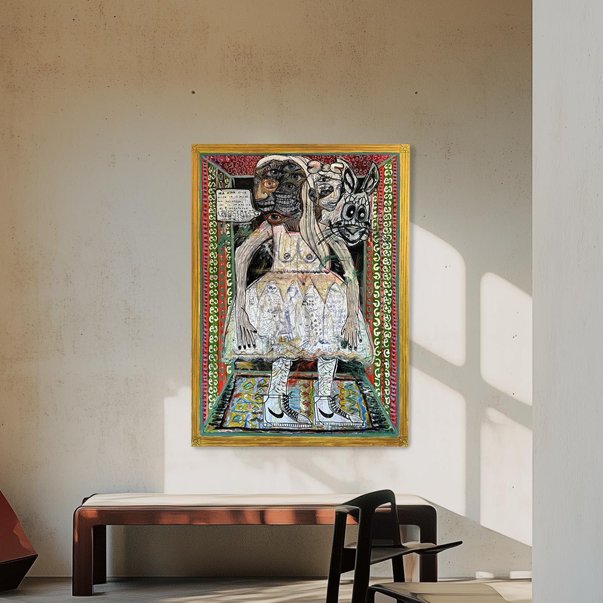 Il Quadro Alice nel paese delle meraviglie esposto sopra un mobile per mostrare le dimensioni.