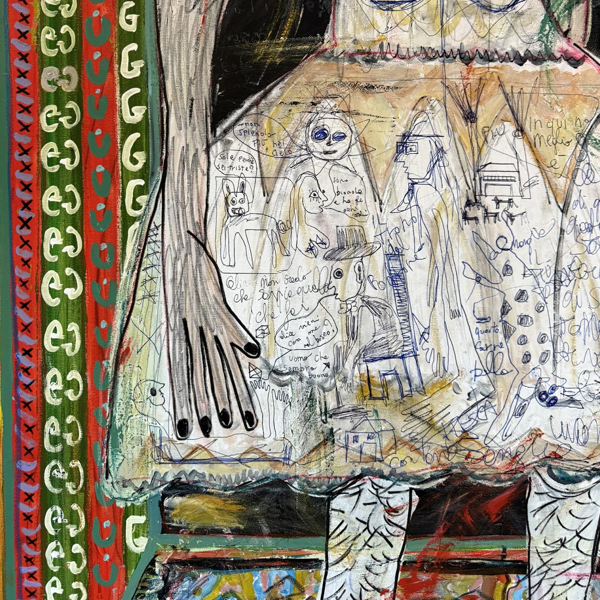 Particolare degli occhi onnipresenti e dei simboli caotici che compongono l'opera.