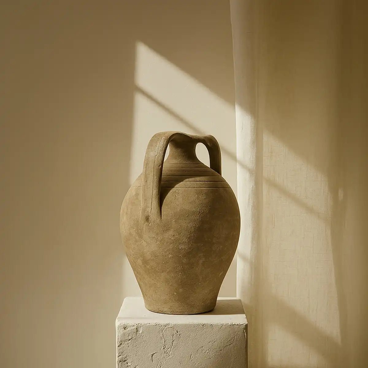 Anfora in terracotta Spirito Mediterraneo, scultura artigianale dal design arcaico e materico.