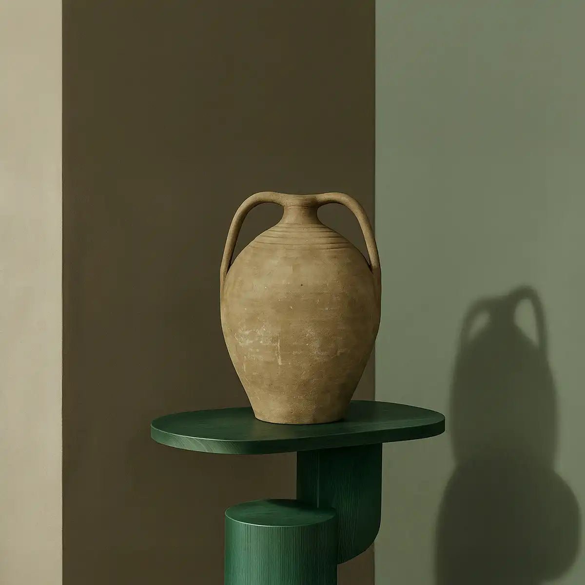 Primo piano della superficie materica e grezza della terracotta dell'anfora Spirito Mediterraneo.