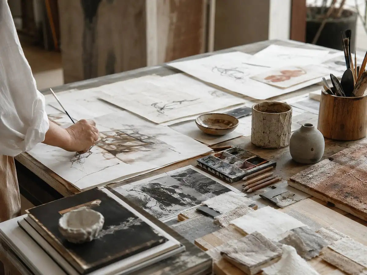 Atelier artistico con opere, bozzetti e materiali delle collaborazioni Vicode