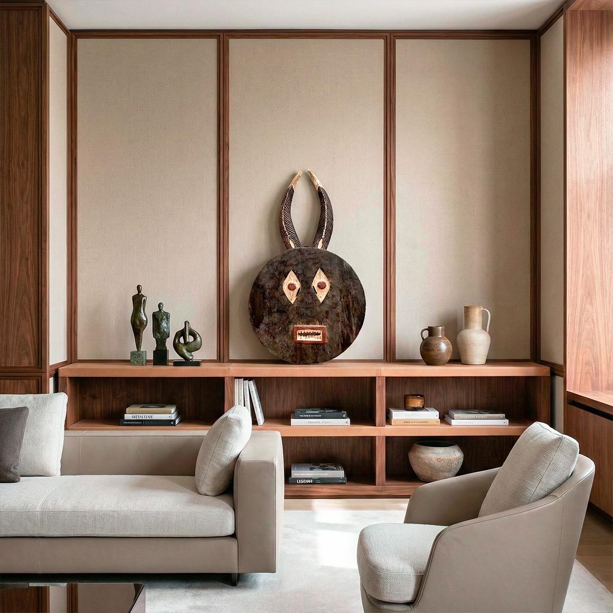 Ampio living di design lussuoso con una grande maschera tribale scolpita in legno scuro come punto focale su una mensola in cuoio. Arredamento moderno stile Minotti, boiserie in noce canaletto e tessuto beige, sculture in bronzo e vasi artigianali creano un'atmosfera sofisticata da rivista.