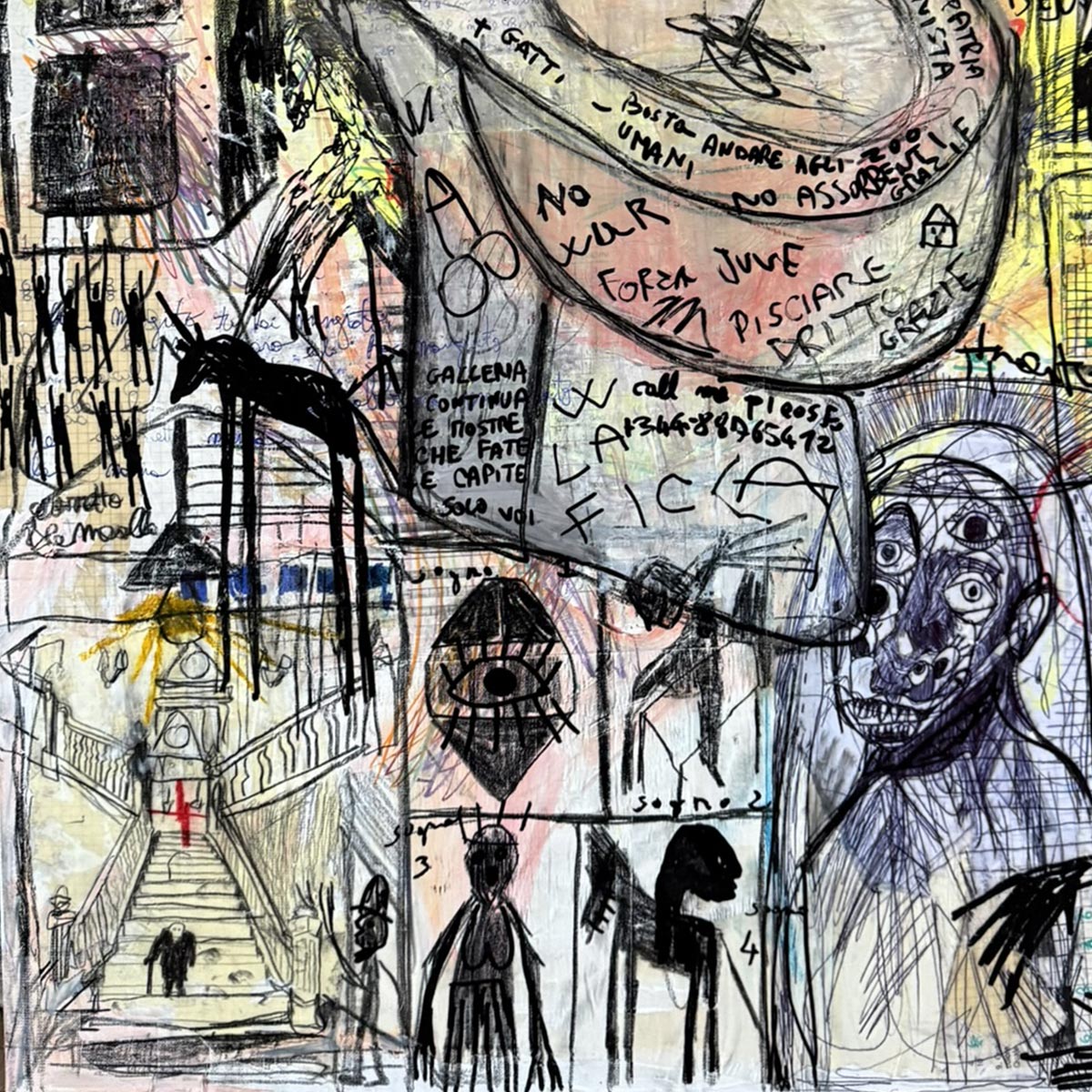 Il quadro di Precisi come pezzo focale provocatorio in un interno dal design industriale.