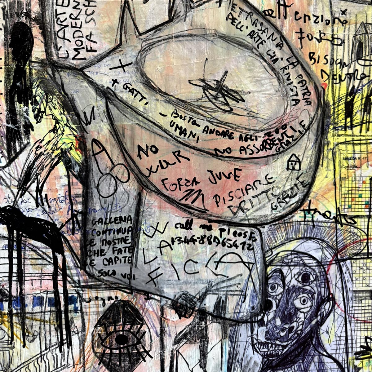 Particolare di una delle figure stilizzate e caricaturali nel quadro di Precisi.