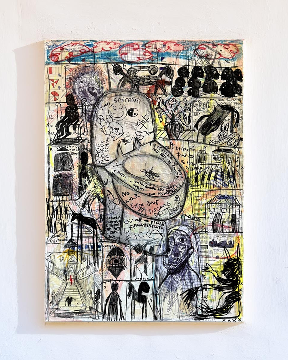 Quadro Bagno Pubblico di Massimiliano Precisi, pittura satirica e caotica a tecnica mista.