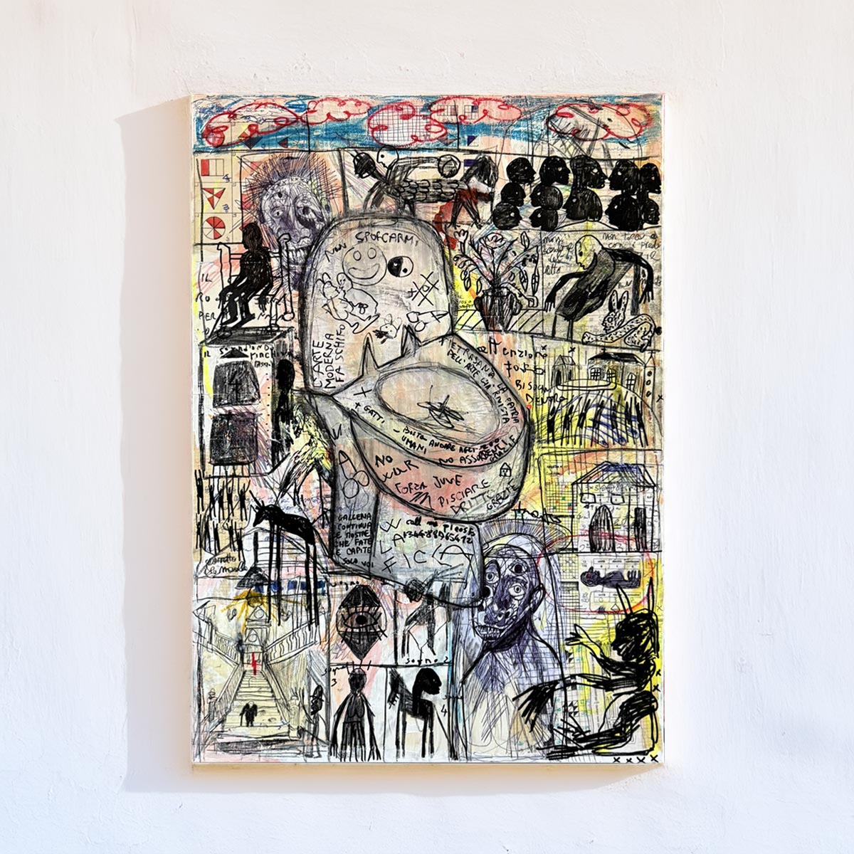 Quadro Bagno Pubblico di Massimiliano Precisi, pittura satirica e caotica a tecnica mista.