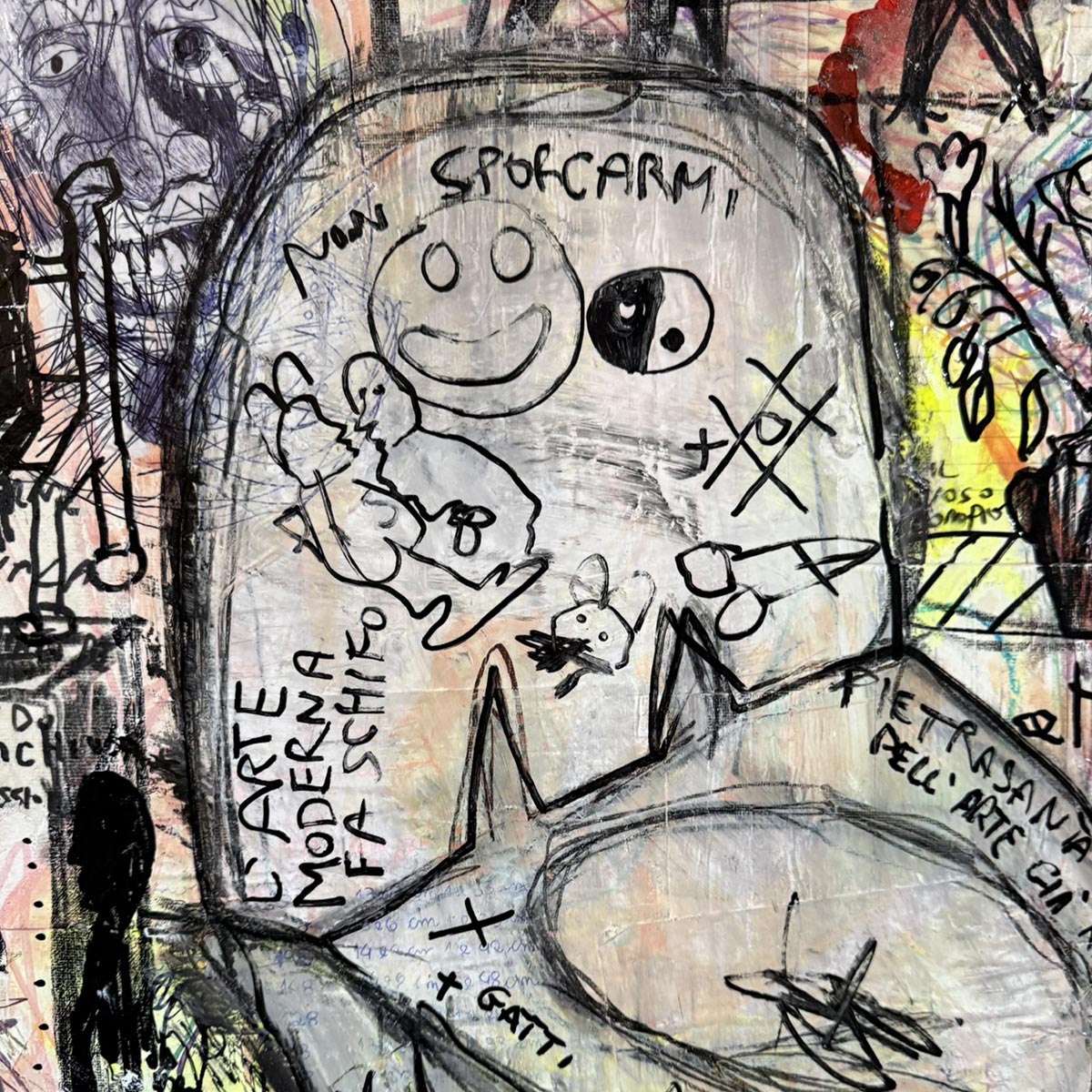 Il quadro di Precisi come pezzo focale provocatorio in un interno dal design industriale.