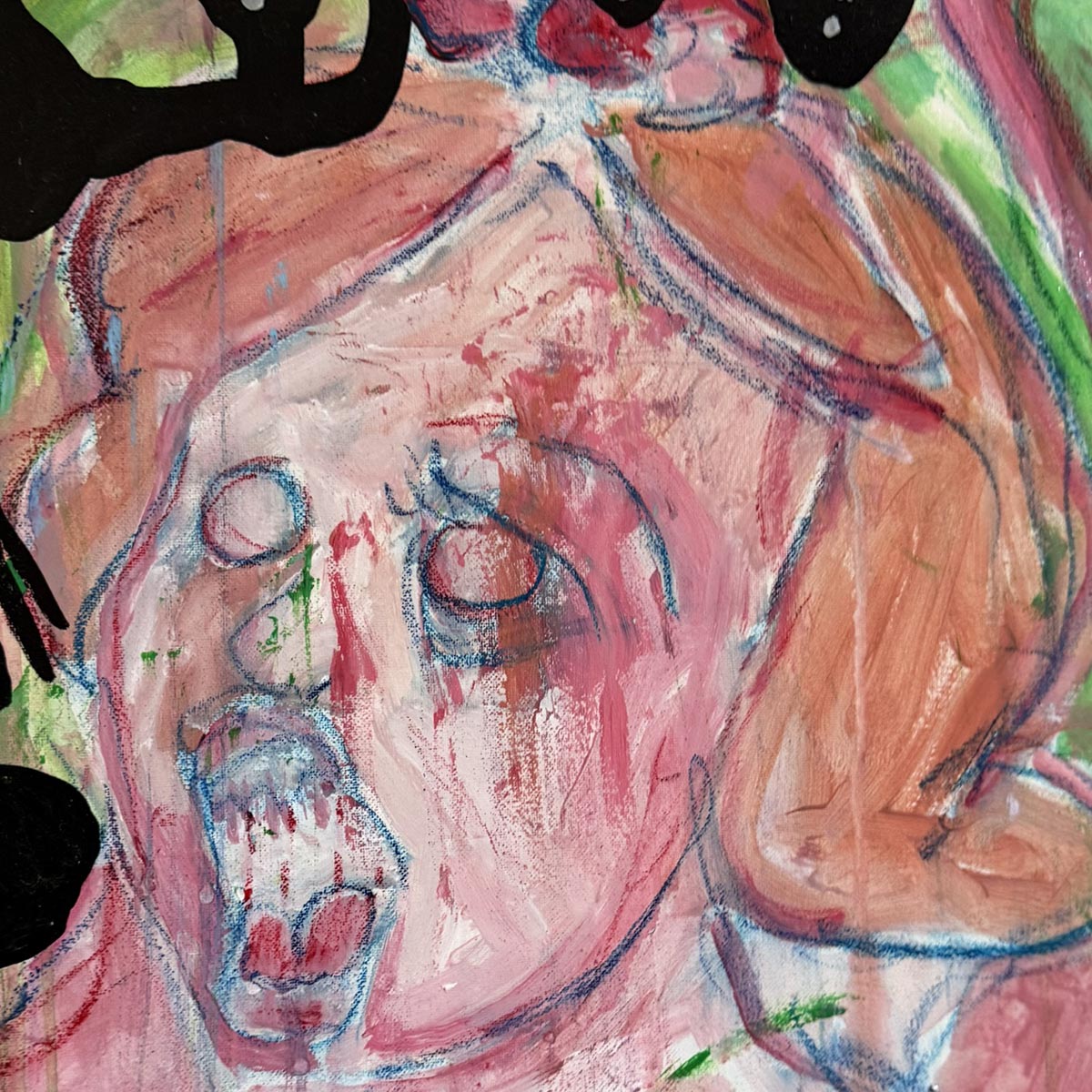 Particolare dei volti multipli e deformi che emergono dal fondo del quadro di Precisi.