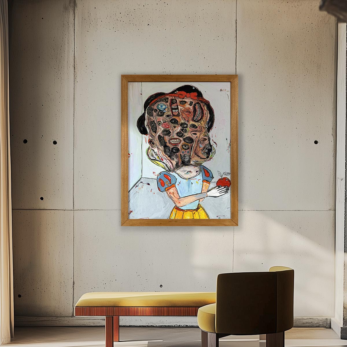 Dettaglio della mela rossa tenuta in mano dalla figura del quadro Biancaneve di Precisi.