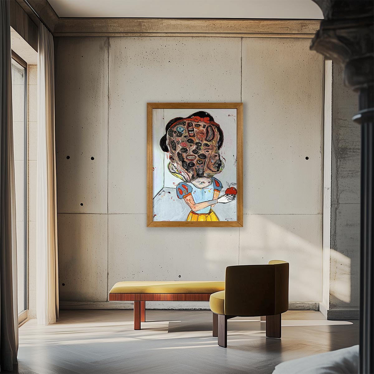 Primo piano del volto frammentato, con un ammasso di occhi e bocche, nel quadro Biancaneve.