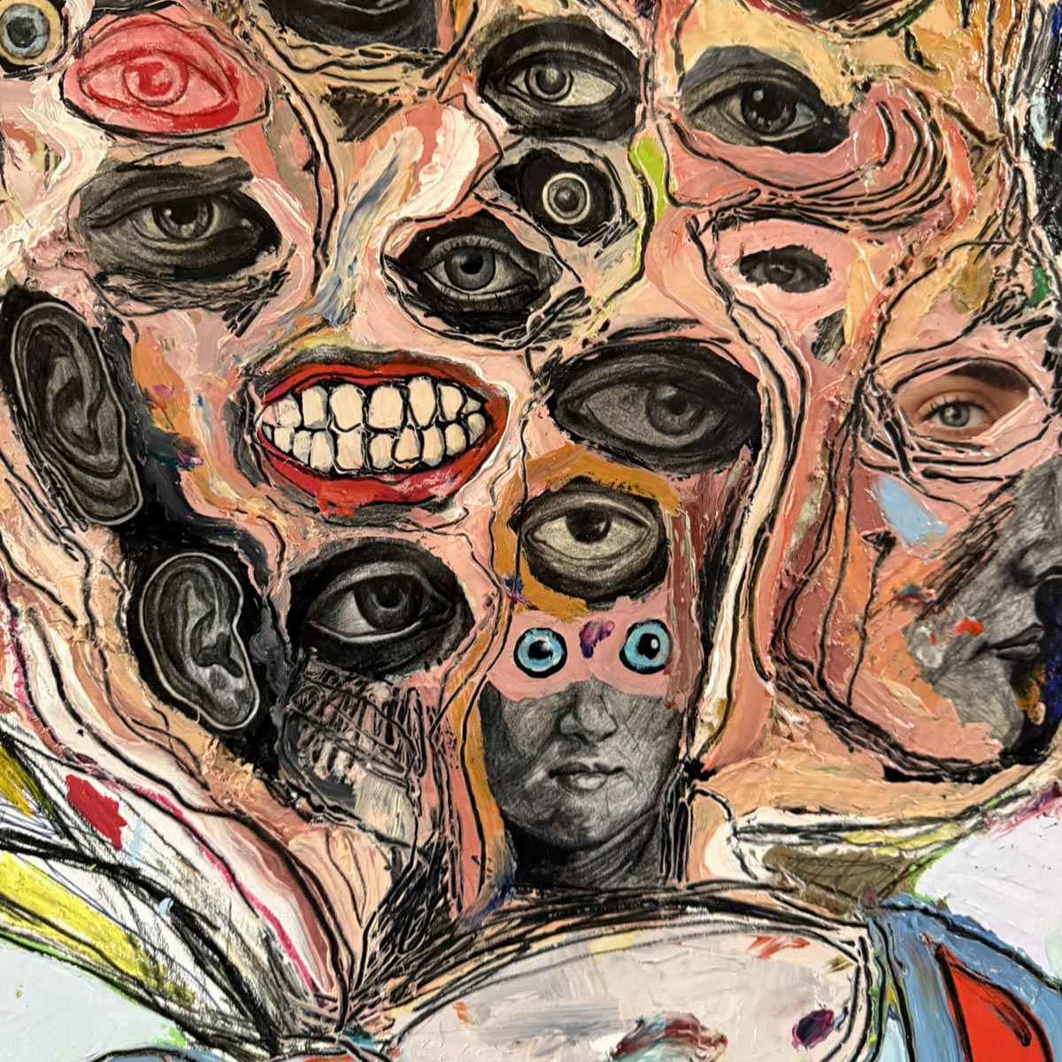 Particolare della tecnica mista e della matericità del legno nel quadro Biancaneve.