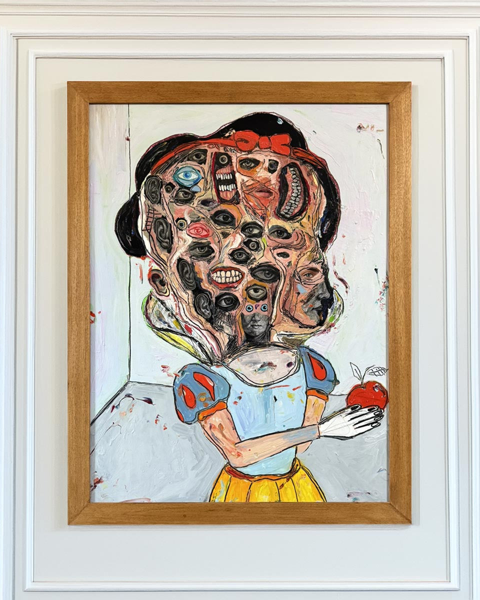 Quadro Biancaneve di Massimiliano Precisi, ritratto grottesco e satirico su legno.