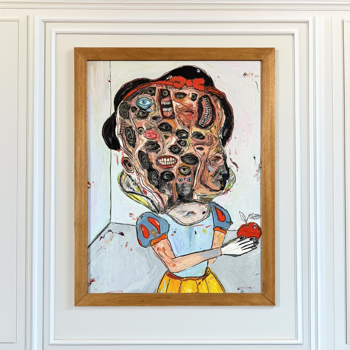 Quadro Biancaneve di Massimiliano Precisi, ritratto grottesco e satirico su legno.