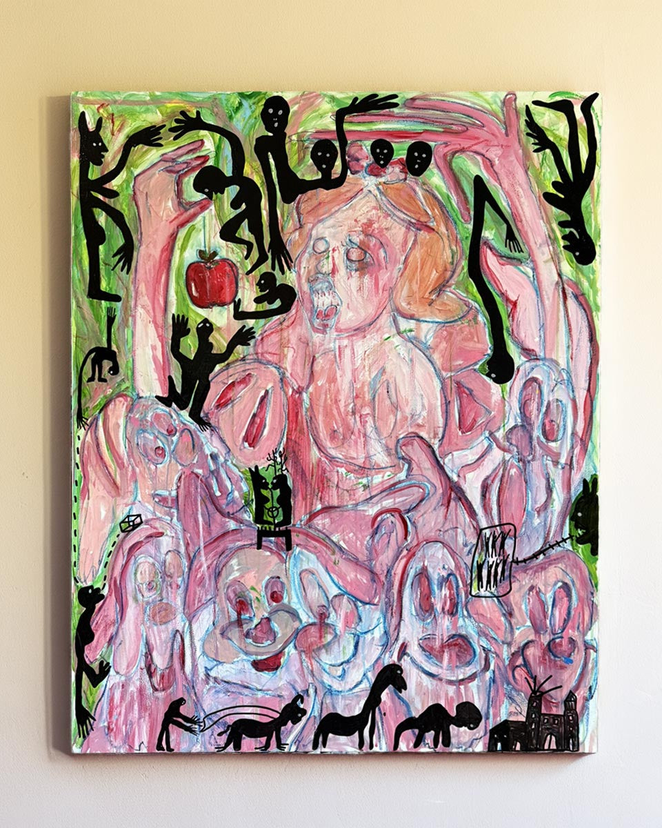 Quadro Biancaneve Mela Rossa di Massimiliano Precisi, pittura surreale su tela cucita.