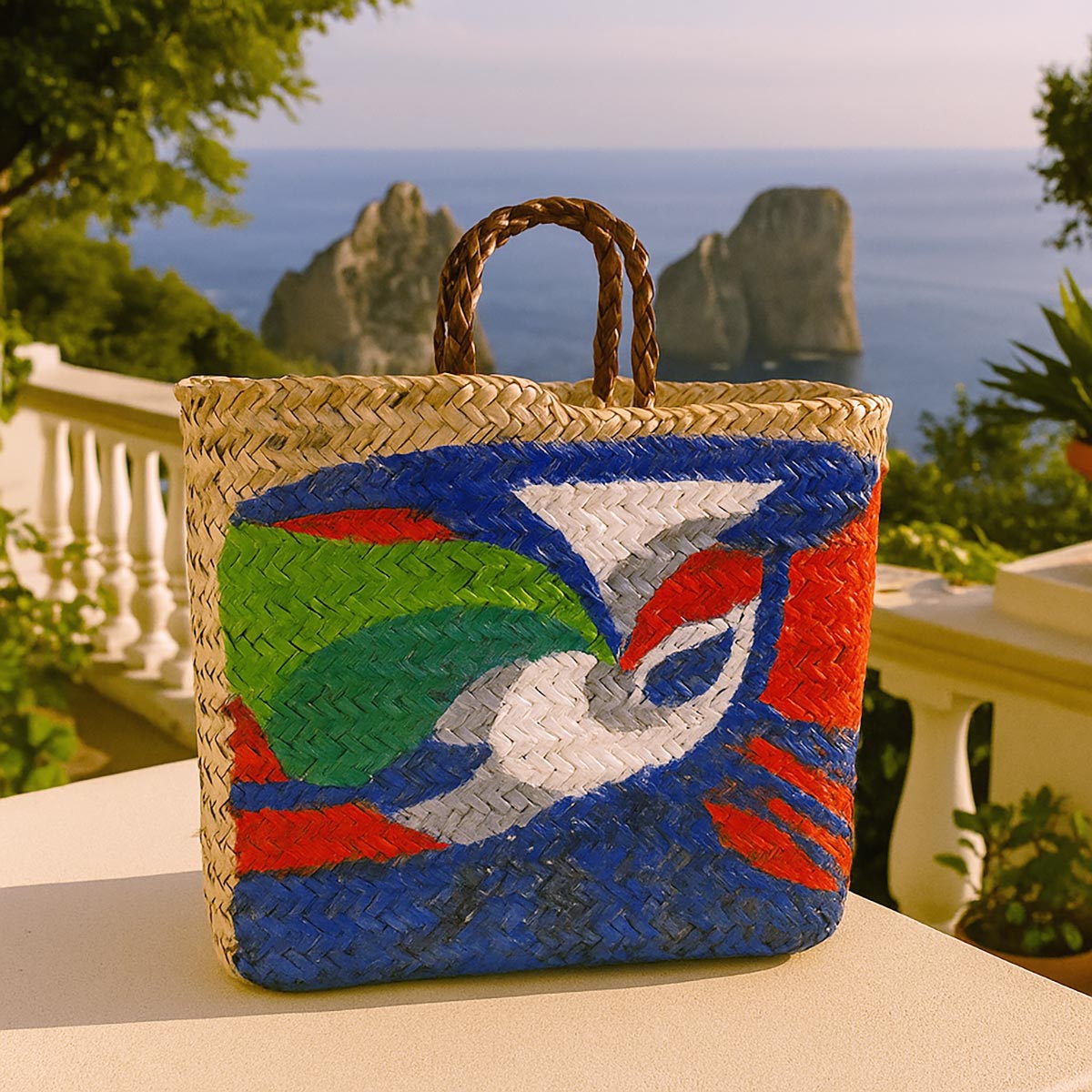 Primo piano delle pennellate futuriste e dinamiche sulla borsa in paglia Capri.