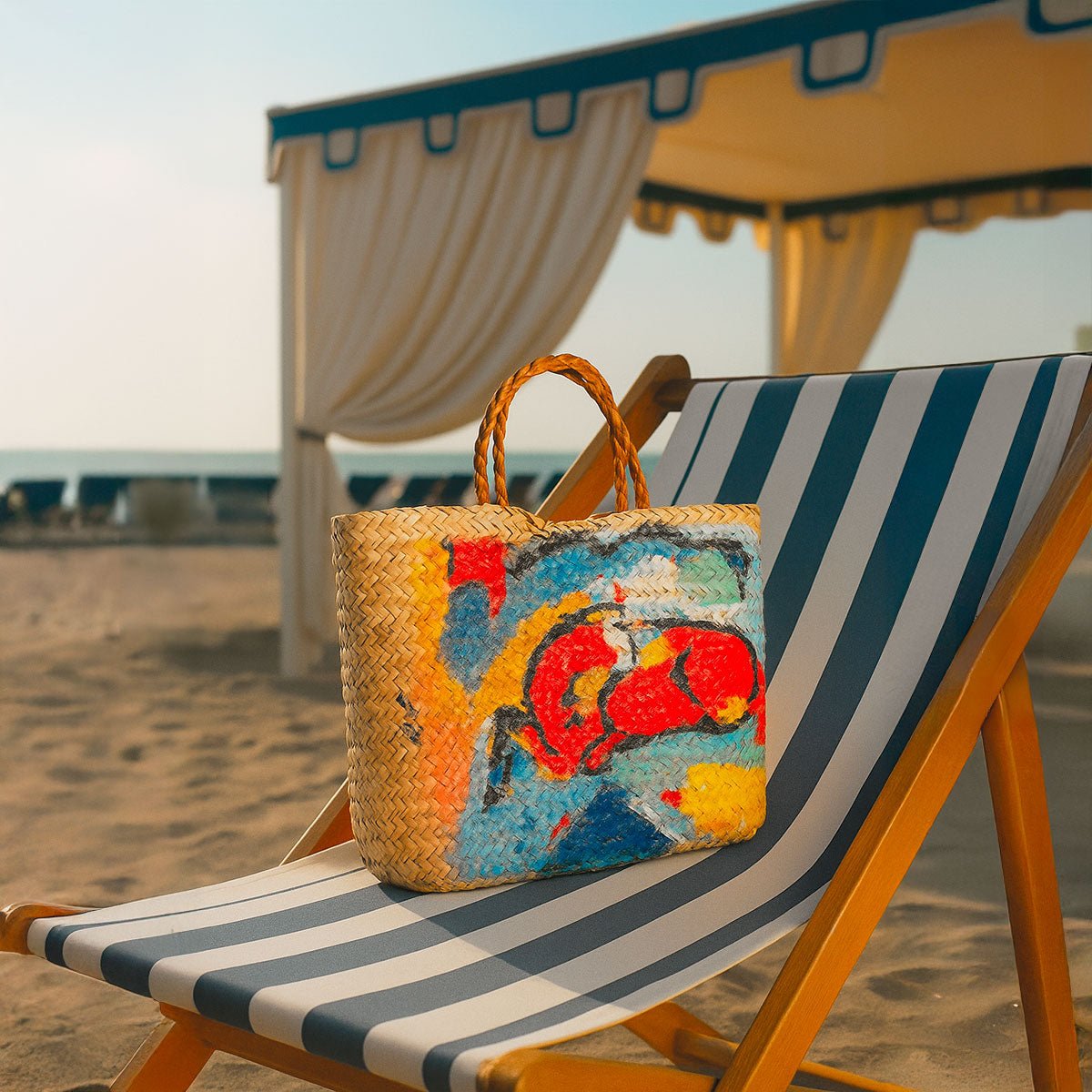 Borsa in paglia Forte dei Marmi Toro scarlatto, pezzo unico con manici in pelle, dipinto a mano.