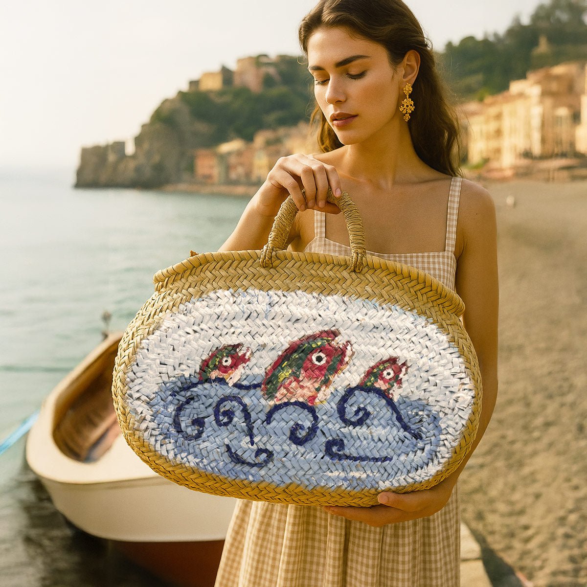 Primo piano del dipinto in stile naif con pesci e onde sulla borsa in paglia Monterosso.