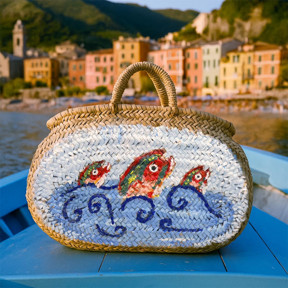 Borsa in paglia Monterosso Tramonto a Riva, pezzo unico 1 di 1, dipinto a mano da Carlo Farsetti.