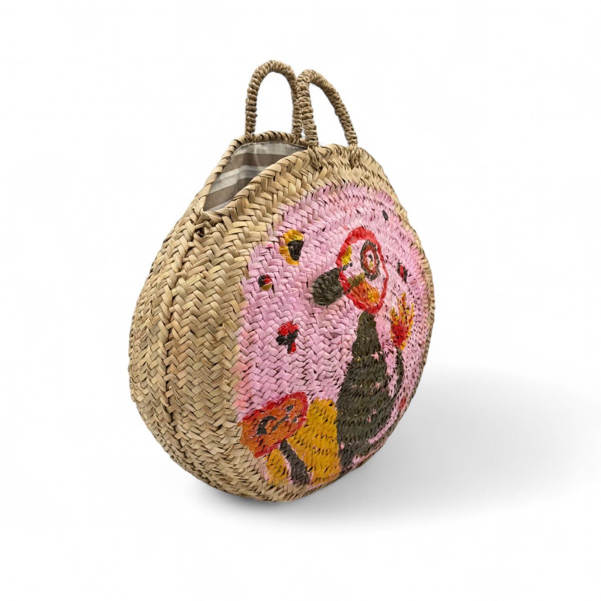 Vista posteriore della borsa in paglia dipinta a mano, ispirata a Porto Cervo.