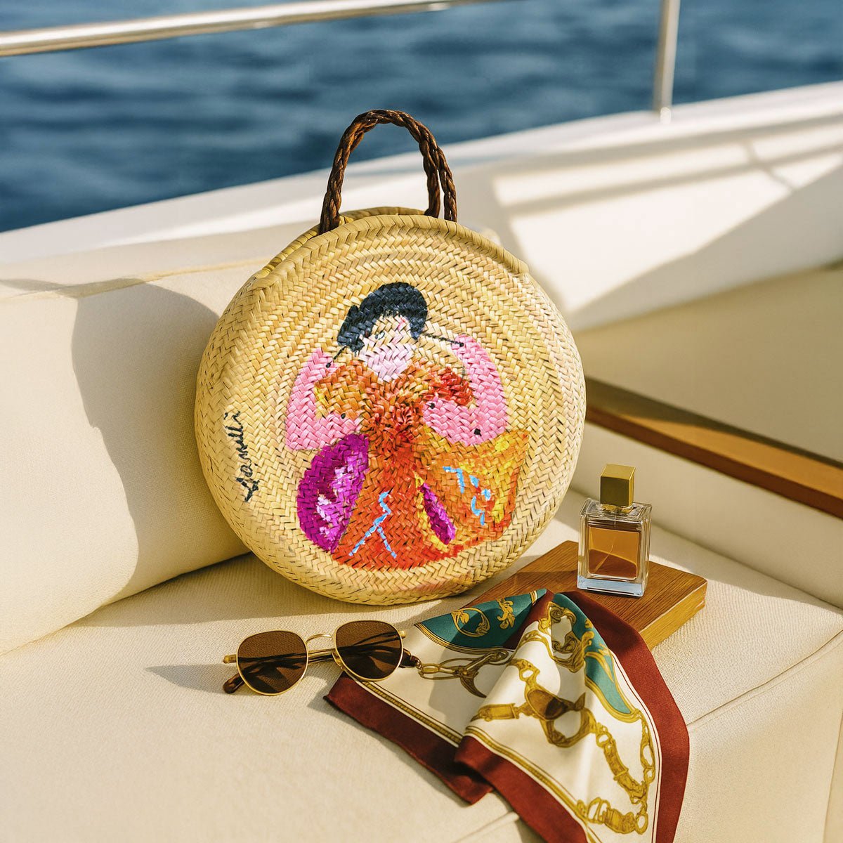 Primo piano del dipinto con tratti morbidi e tonalità femminili sulla borsa in paglia.