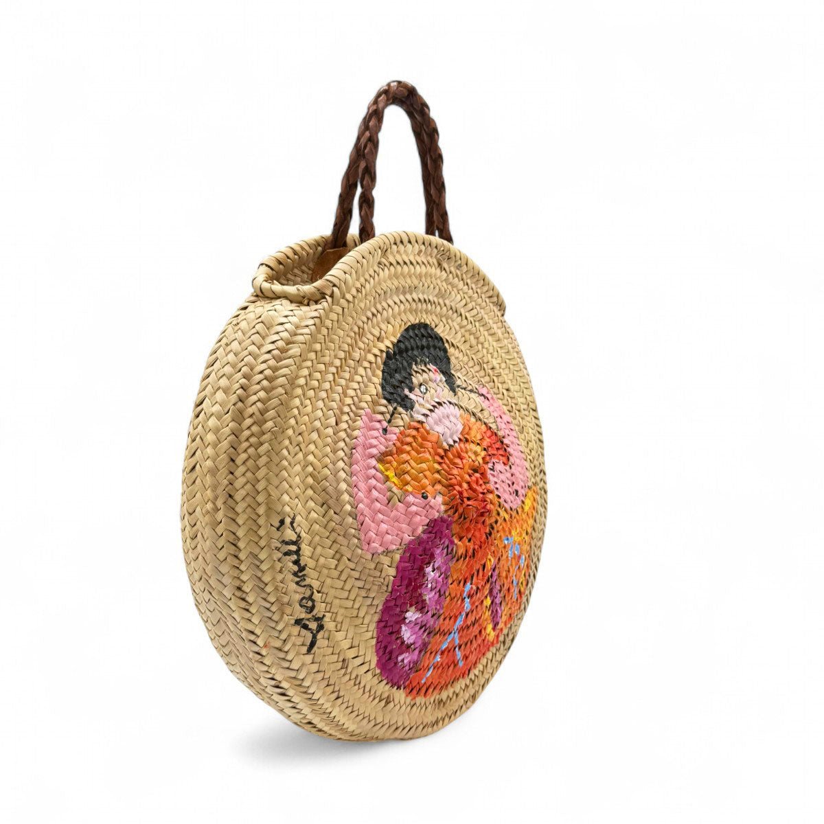 Dettaglio della paglia intrecciata e della forma rotonda della borsa Saint Tropez.