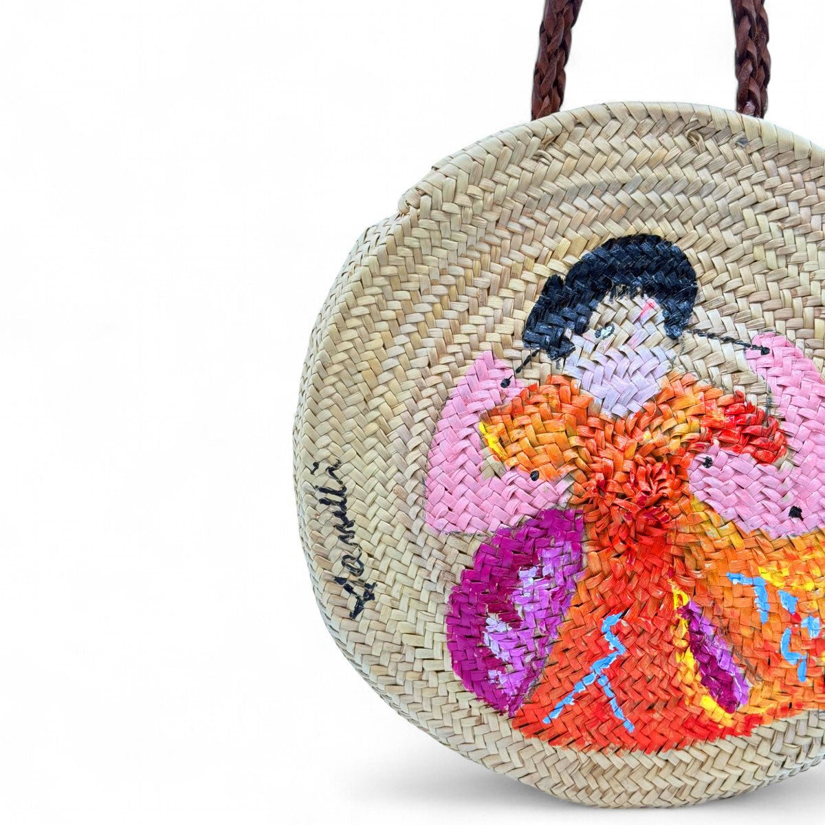 Vista dall'interno della borsa dipinta a mano, che ne mostra lo spazio e la fodera.