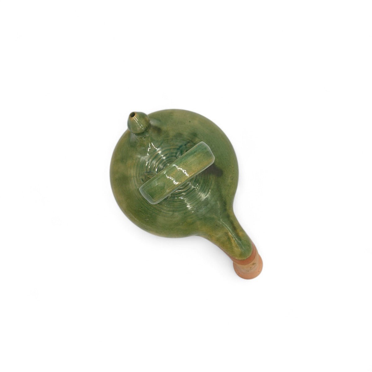 Il botijo verde decorativo accanto a una pianta per mostrare le sue dimensioni.