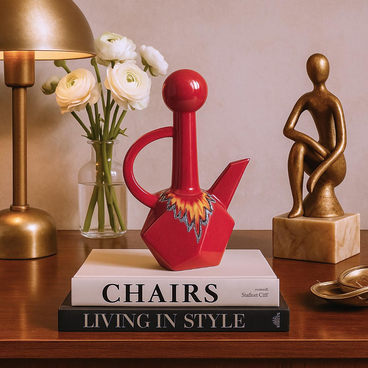 Brocca Lava Gem, pezzo unico di modernariato dal design geometrico e smaltatura rosso vulcanico.