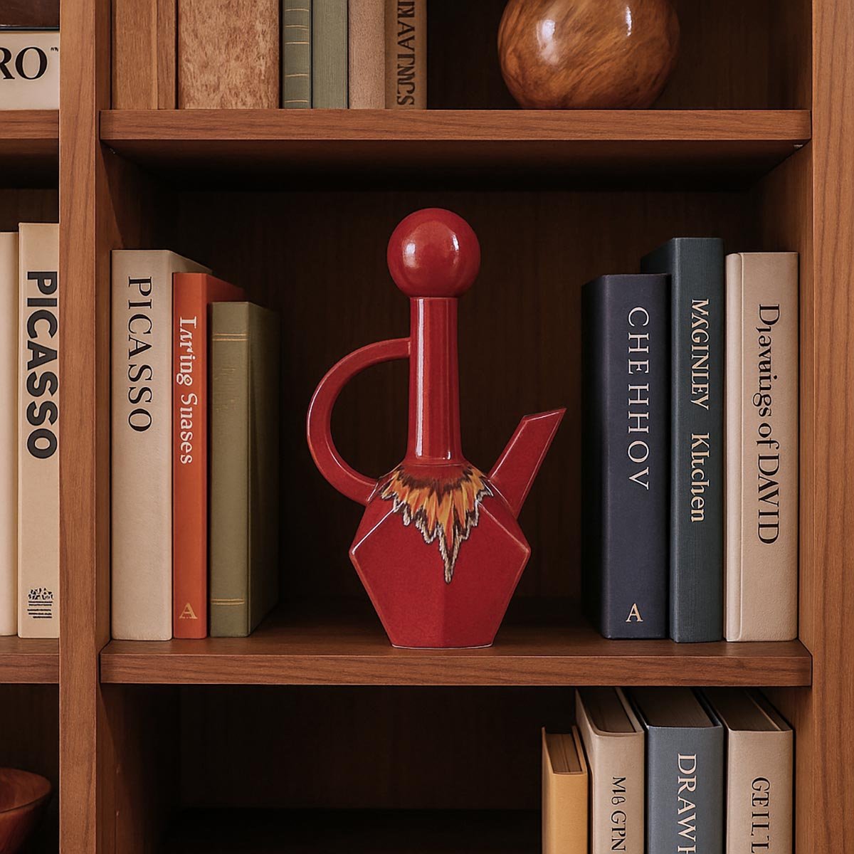 Primo piano della smaltatura materica a effetto lava, con sfumature di rosso e nero, della Brocca Lava Gem