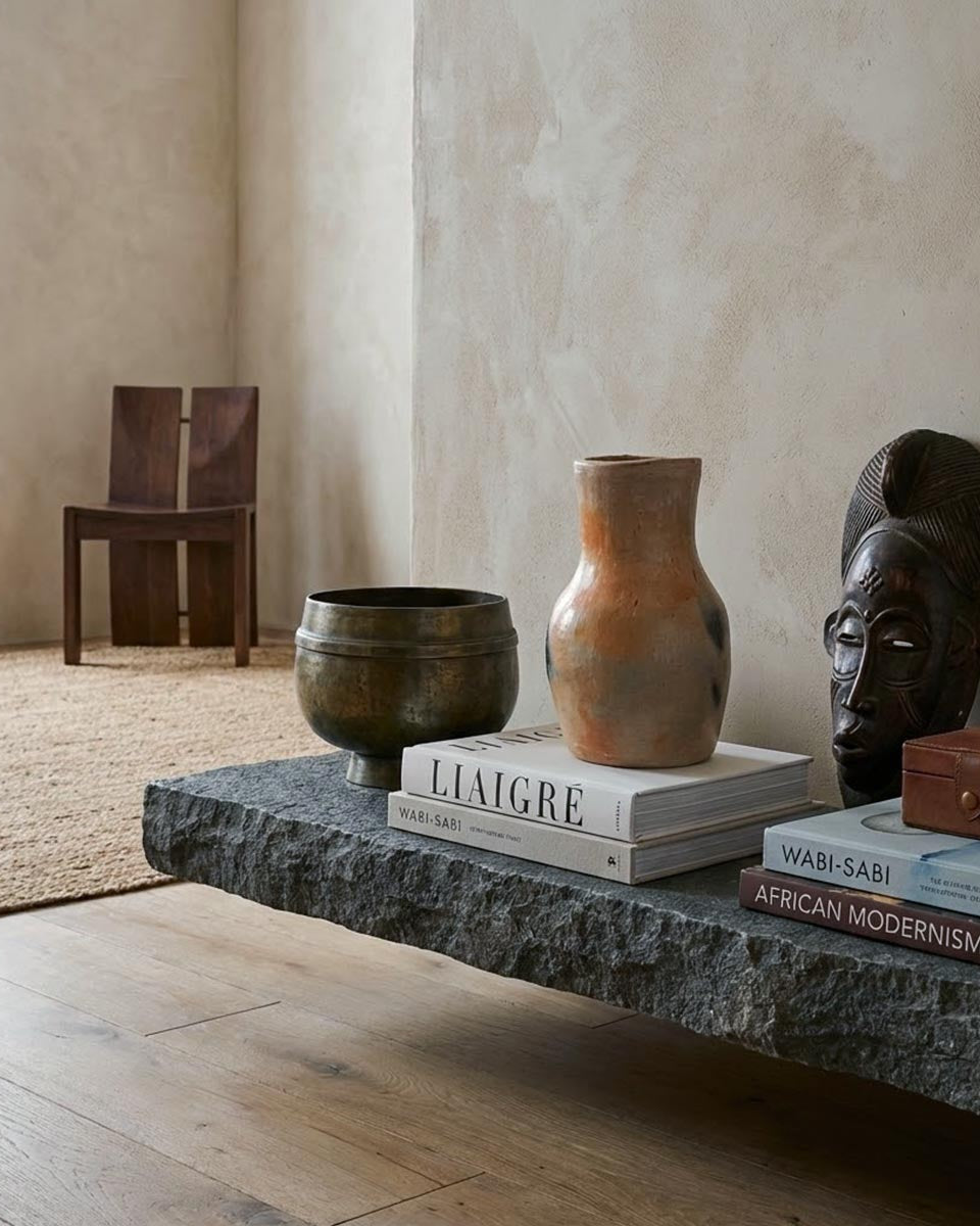 Brocca artigianale scultura ambientata su un tavolo di design in legno