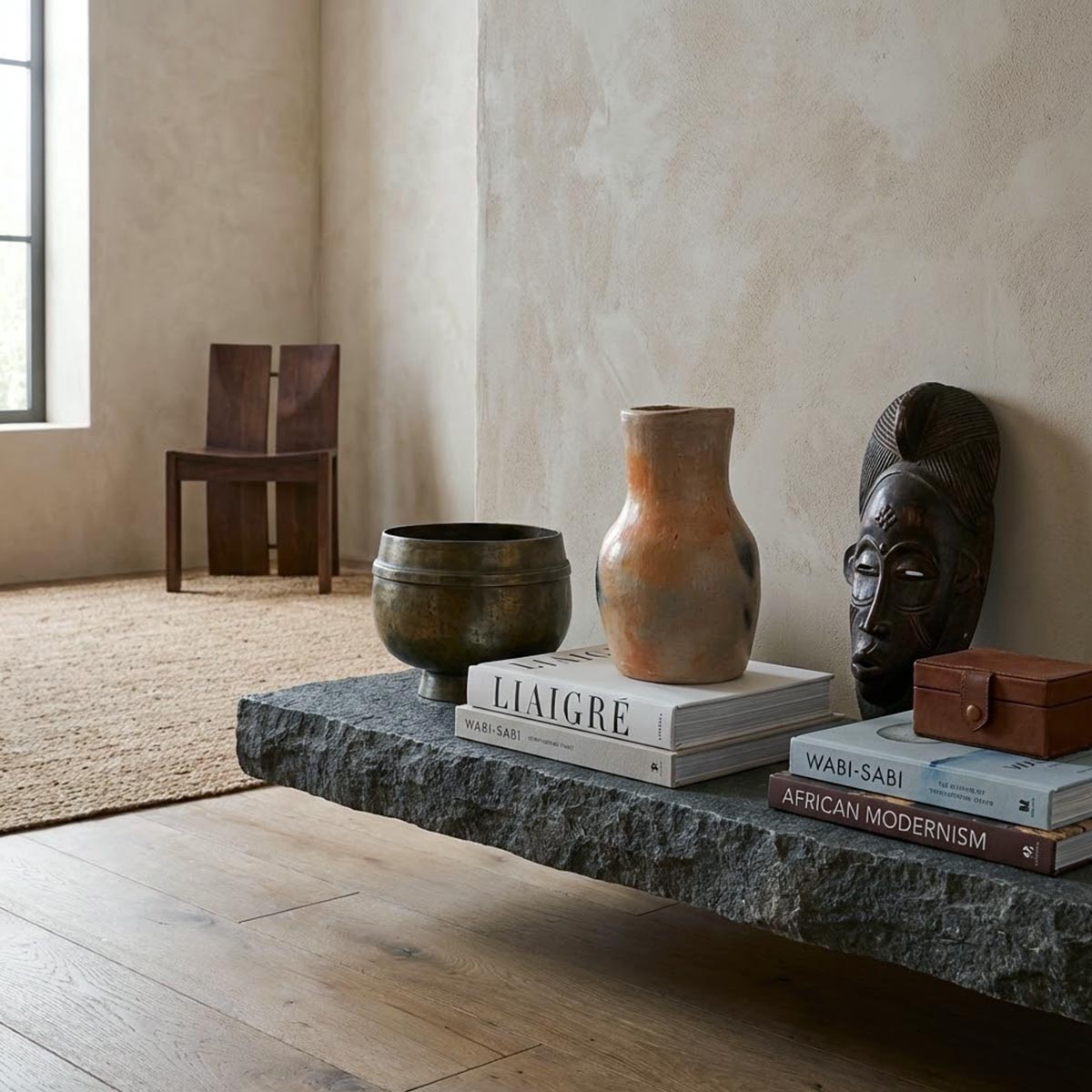 Brocca artigianale scultura ambientata su un tavolo di design in legno
