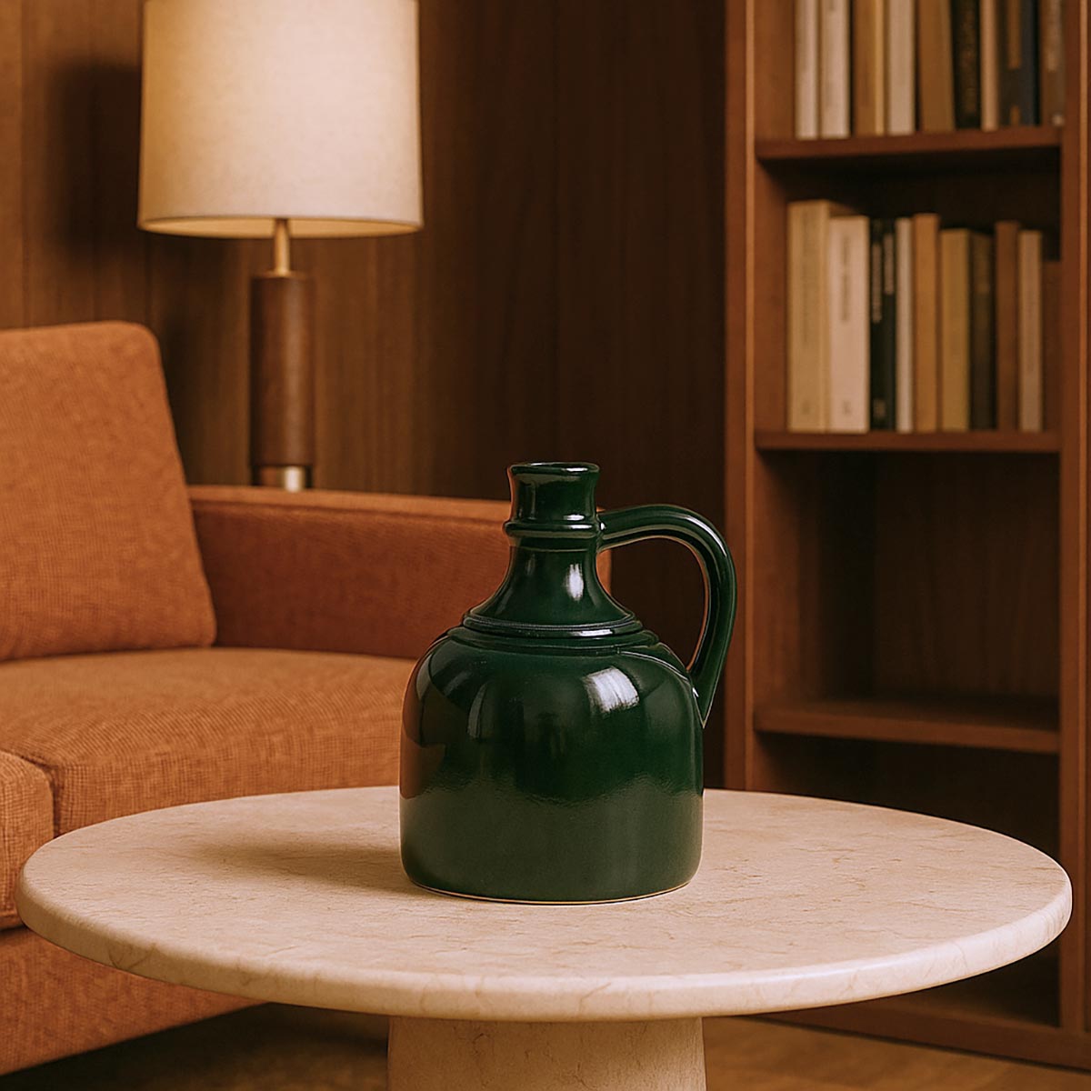 Primo piano della finitura smaltata verde oliva con lievi imperfezioni vintage della Brocca Verde Vita