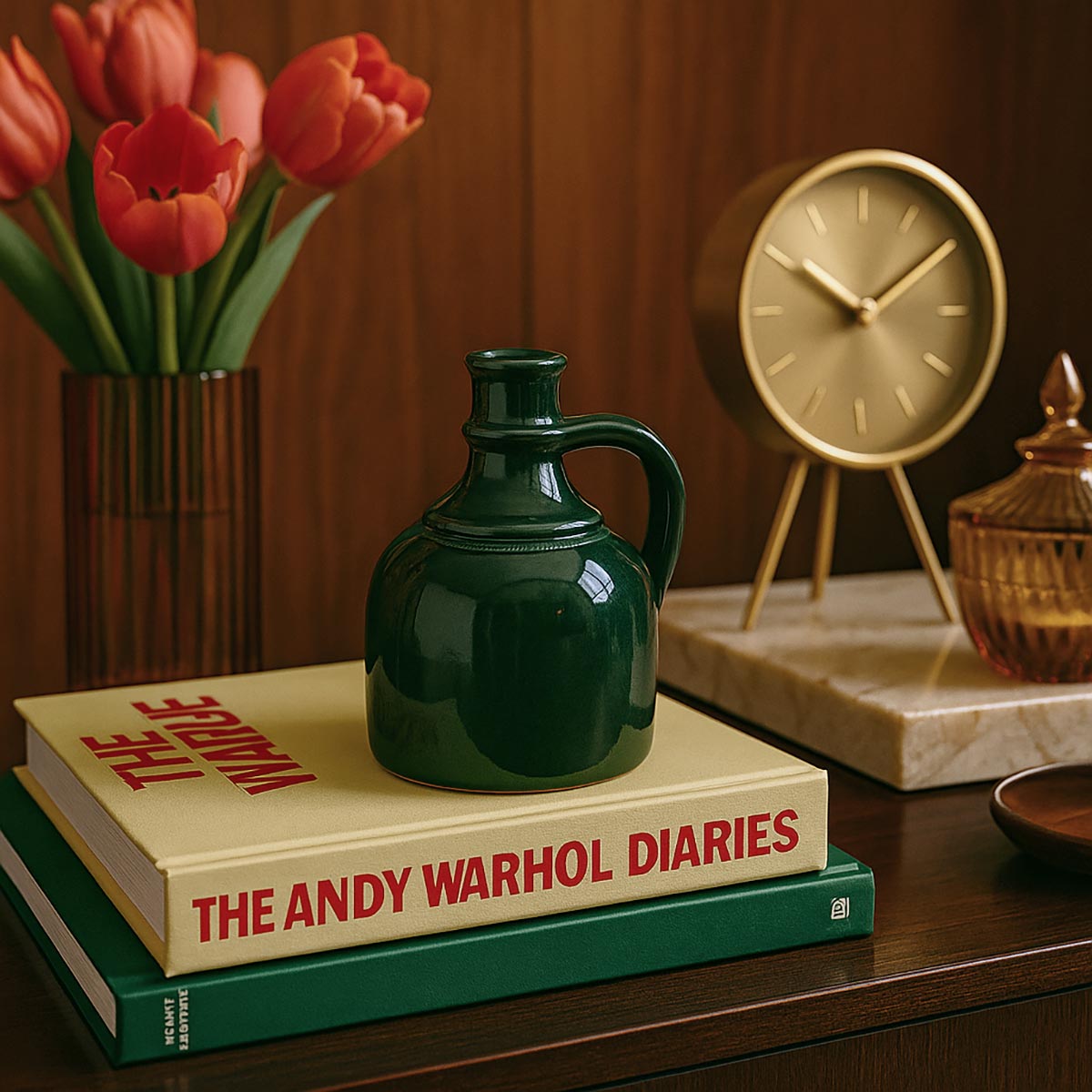 Brocca Verde Vita, pezzo unico di modernariato in ceramica smaltata verde oliva.