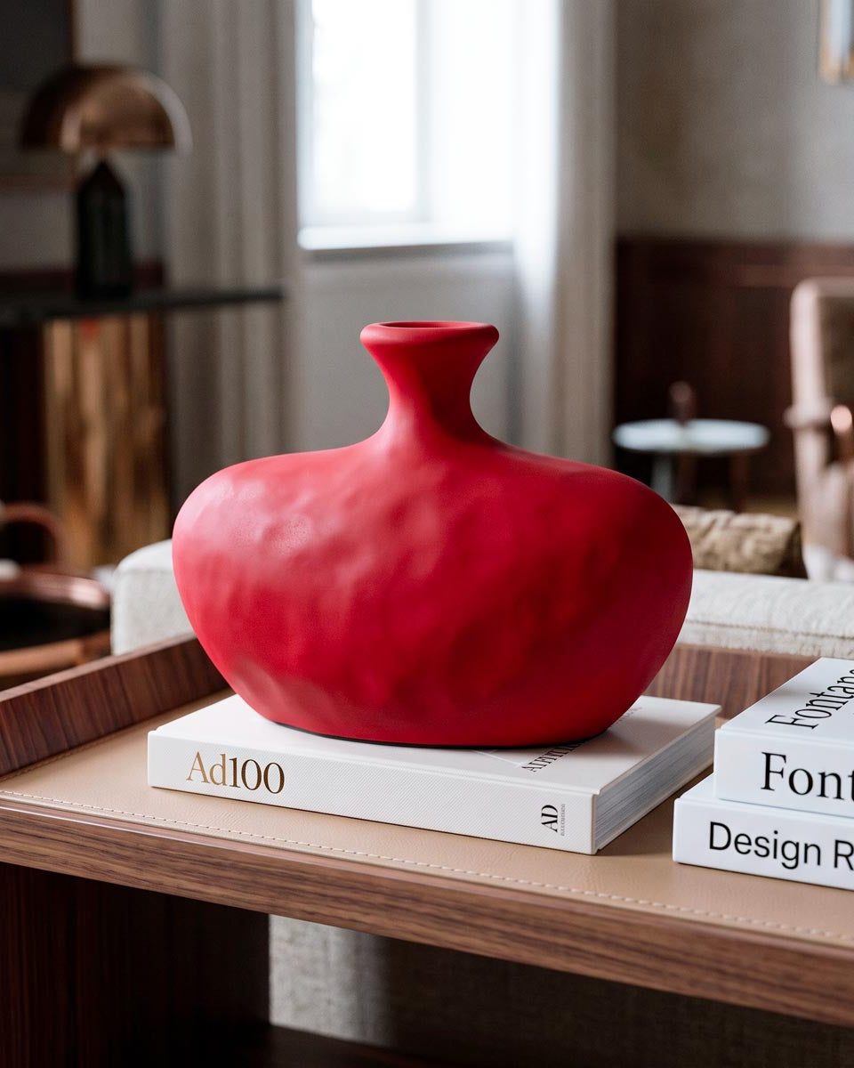 Vaso di design in ceramica zafferano Calco inserito in un elegante living contemporaneo