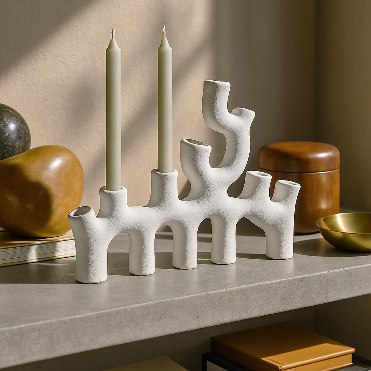 Candelabro Vermocane, una scultura portacandele dal design organico e sinuoso in metallo scuro.