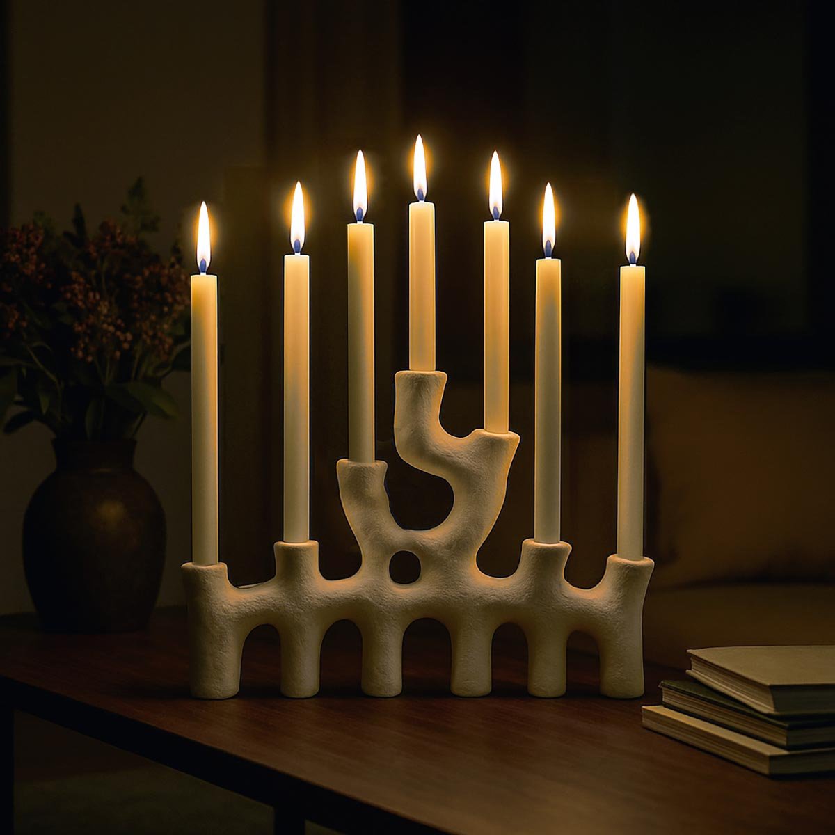 Il Candelabro Vermocane come centrotavola per una cena elegante, con candele accese.