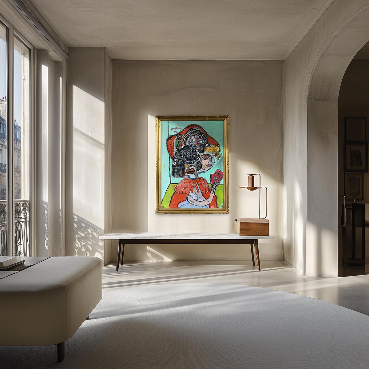 Primo piano del volto frammentato, un mosaico di occhi e maschere, nel quadro Cappuccetto Rosso.