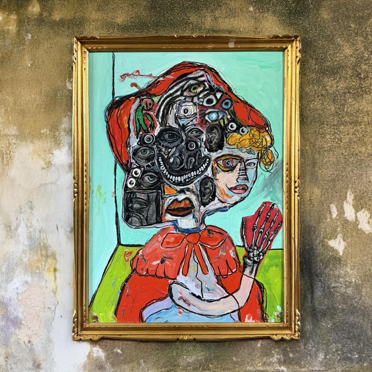 Quadro Cappuccetto Rosso di Massimiliano Precisi, ritratto satirico e grottesco su legno.