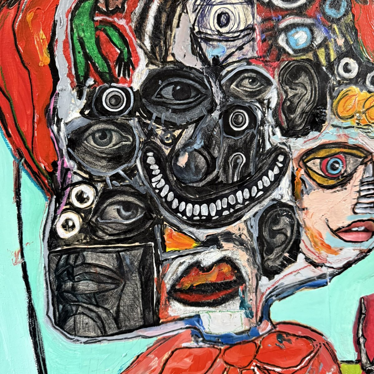 Particolare della tecnica mista e della matericità del supporto in legno nel quadro di Precisi.