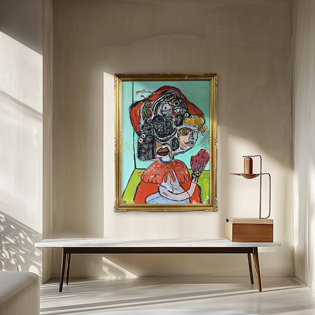 Dettaglio della cornice dorata anacronistica che incornicia il quadro di Precisi.