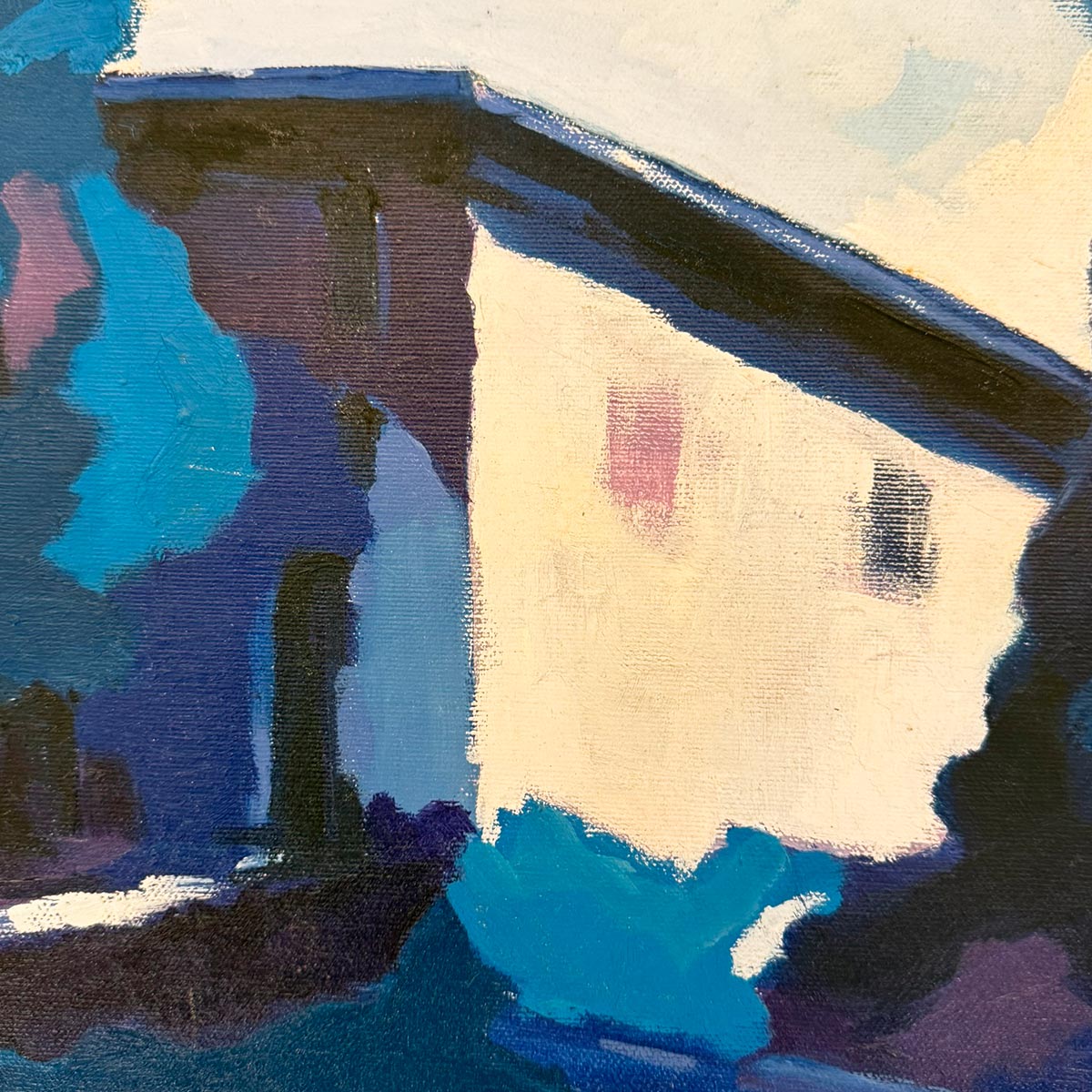 Particolare del contrasto tra i blu saturi e le ombre violacee nel quadro.