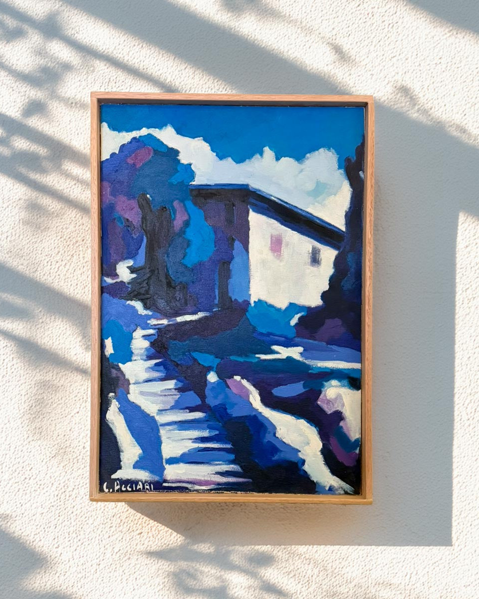 Quadro Casa Ombra e Cobalto, pittura espressionista anni '70 firmata C. Acciari.