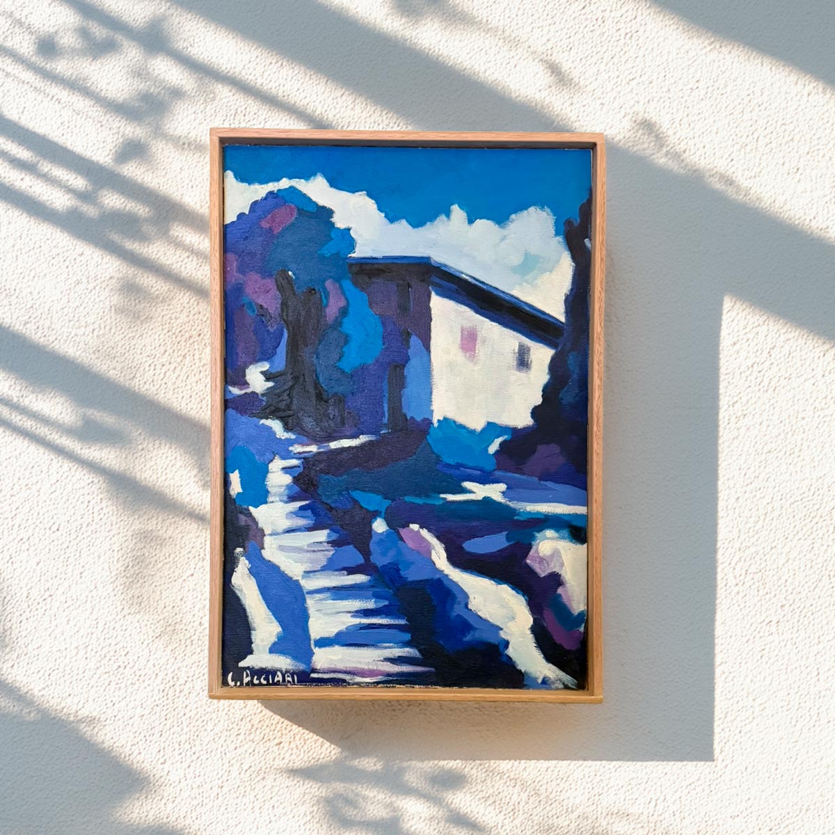 Quadro Casa Ombra e Cobalto, pittura espressionista anni '70 firmata C. Acciari.